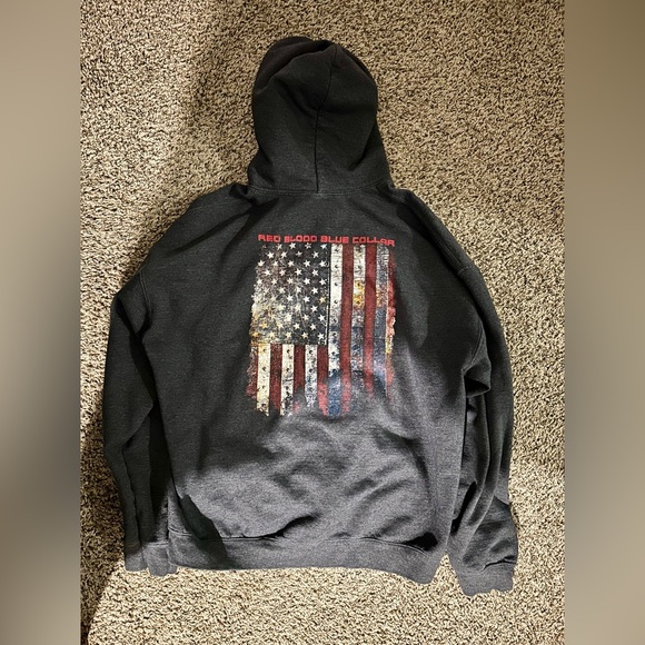 Grunt Style Black Hoodie with Distressed American Flag - Picture 3 of 5